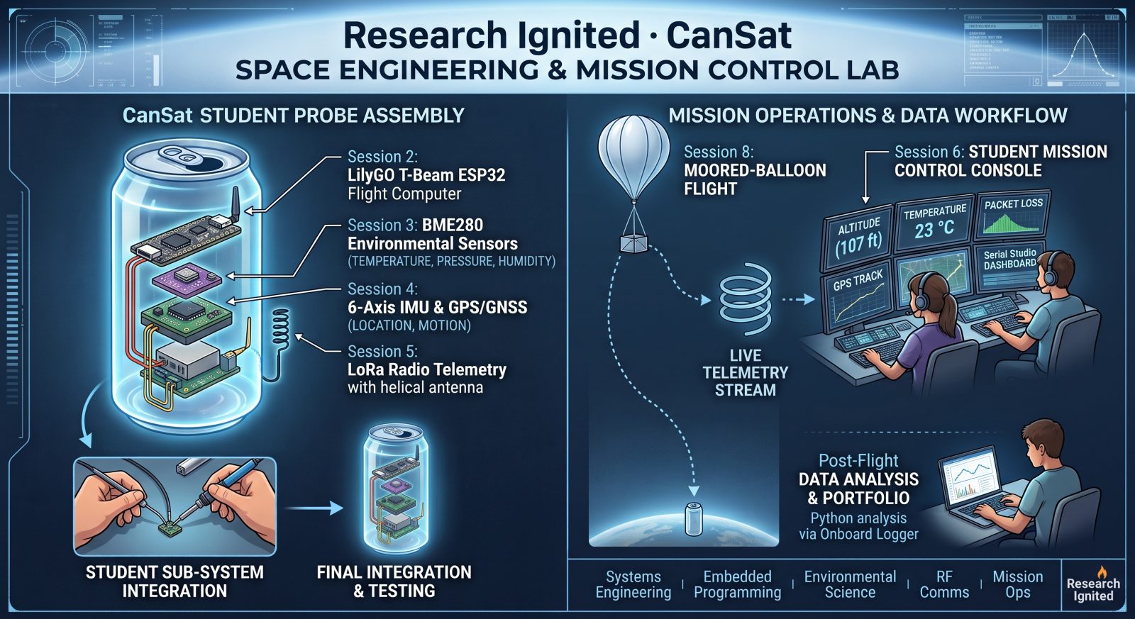 CanSat lab diagram: student-built probe with ESP32 flight computer, BME280 sensors, GPS and LoRa radio, plus the balloon flight and mission-control workflow