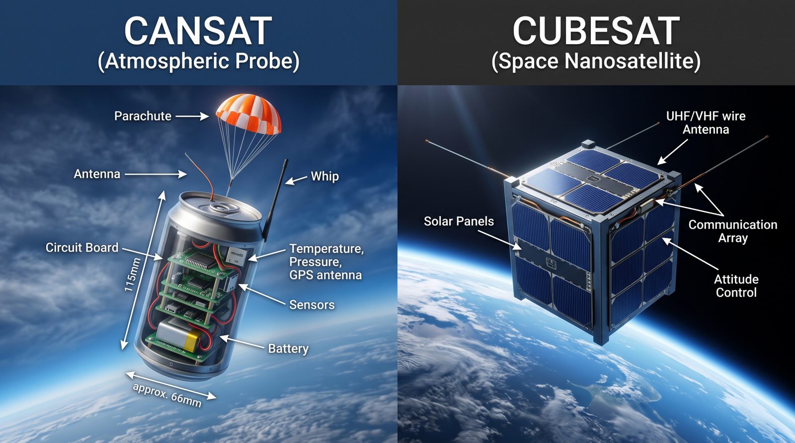 CanSat vs CubeSat diagram: a can-sized atmospheric probe with parachute and sensors beside a 1U CubeSat with solar panels in orbit